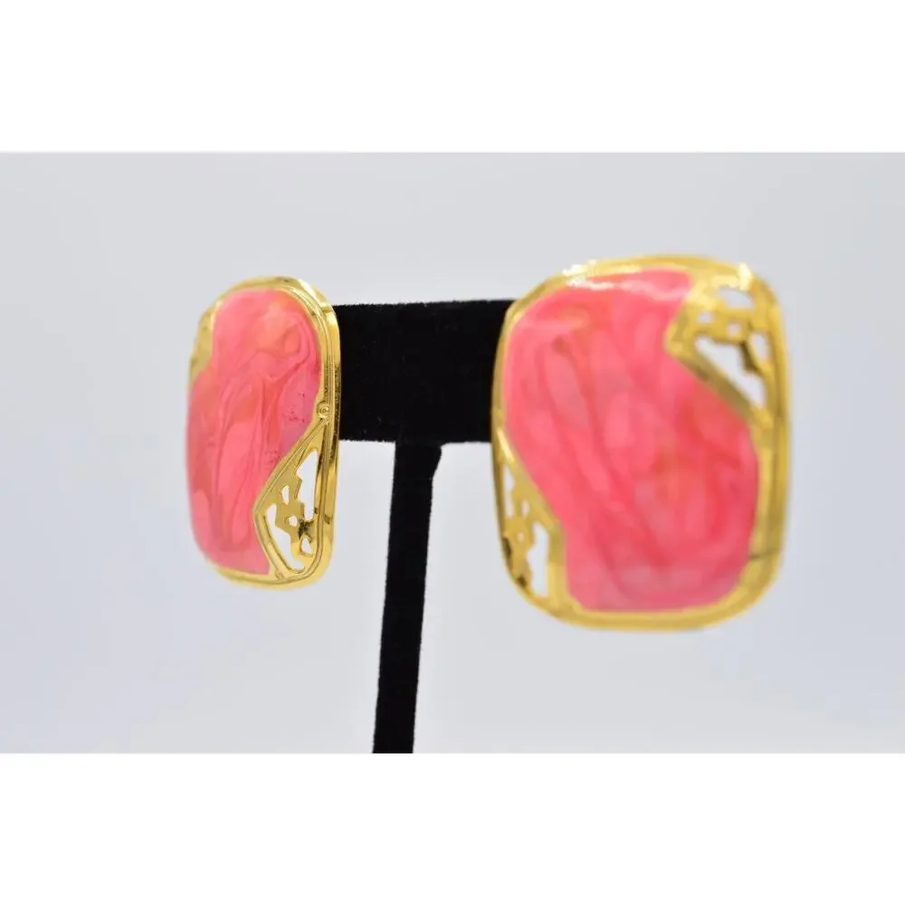 Vintage Chunky Pierced Earrings Gold Metal Pink Enamel Square 1980s BinAA